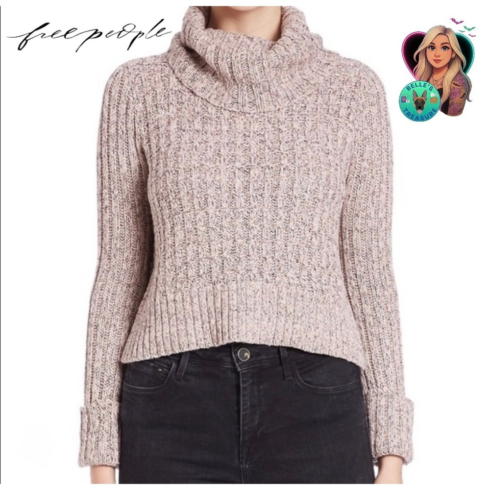 Free People Twisted Cable Knit Cowl Neck Sweater Womens Medium Shimmer Pink Tan